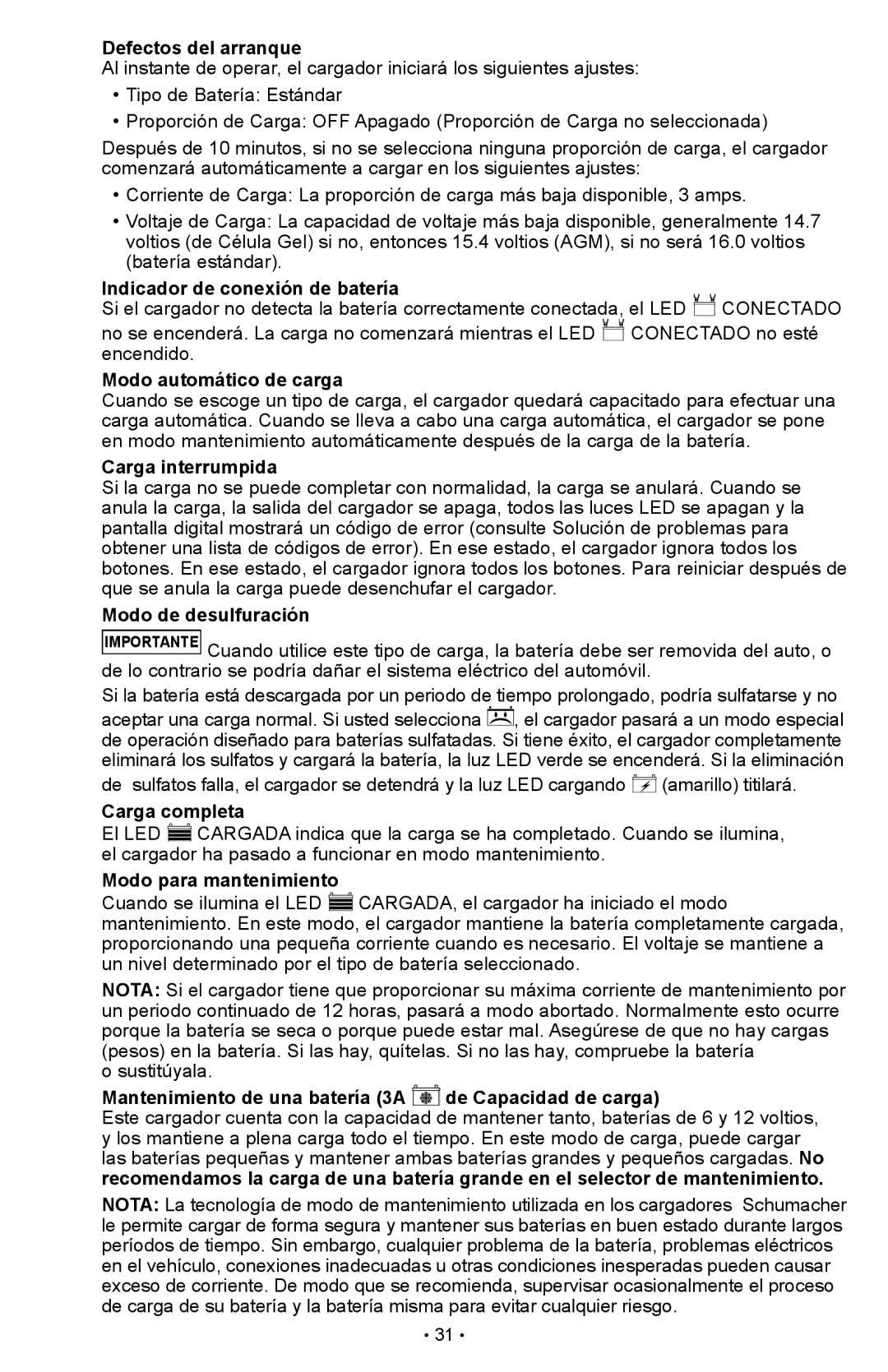 Schumacher SCI90 Defectos del arranque, Indicador de conexión de batería, Modo automático de carga, Carga interrumpida 