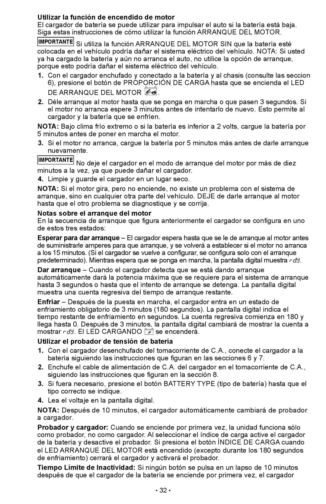 Schumacher SCI90 Utilizar la función de encendido de motor, DE Arranque DEL Motor, Notas sobre el arranque del motor 