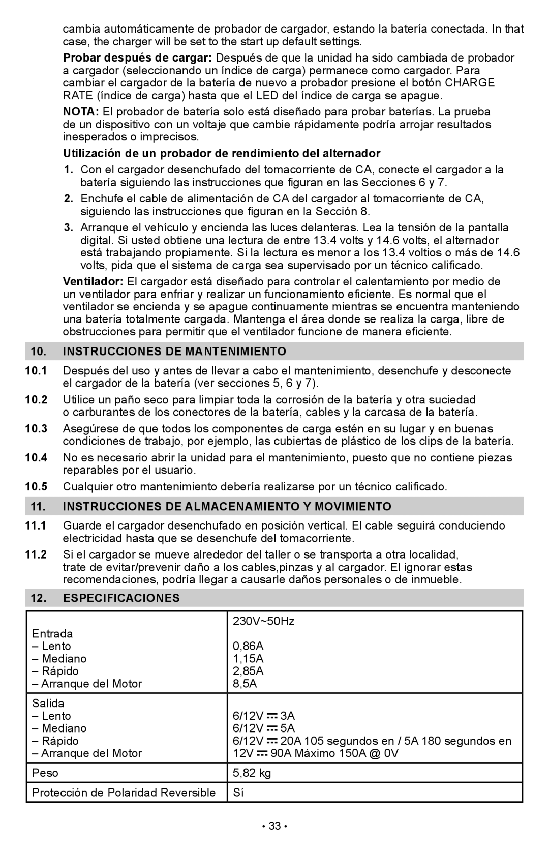 Schumacher SCI90 owner manual Utilización de un probador de rendimiento del alternador, Instrucciones DE Mantenimiento 