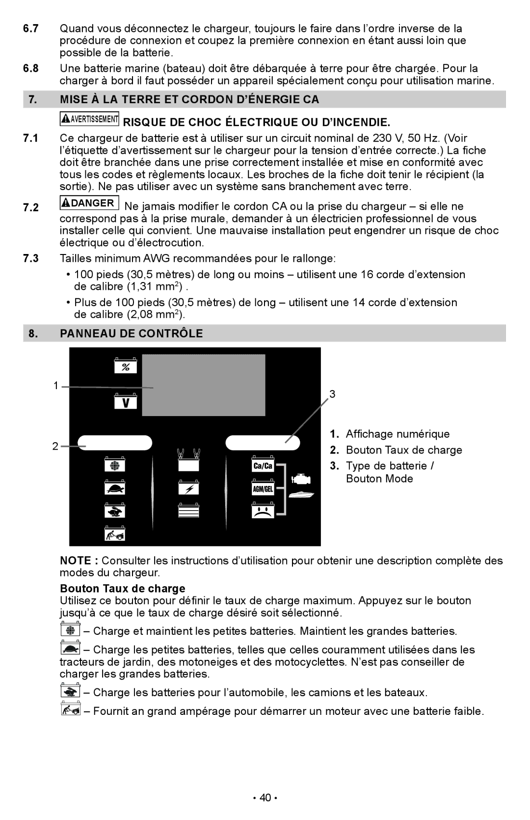 Schumacher SCI90 owner manual Panneau DE Contrôle, Bouton Taux de charge 