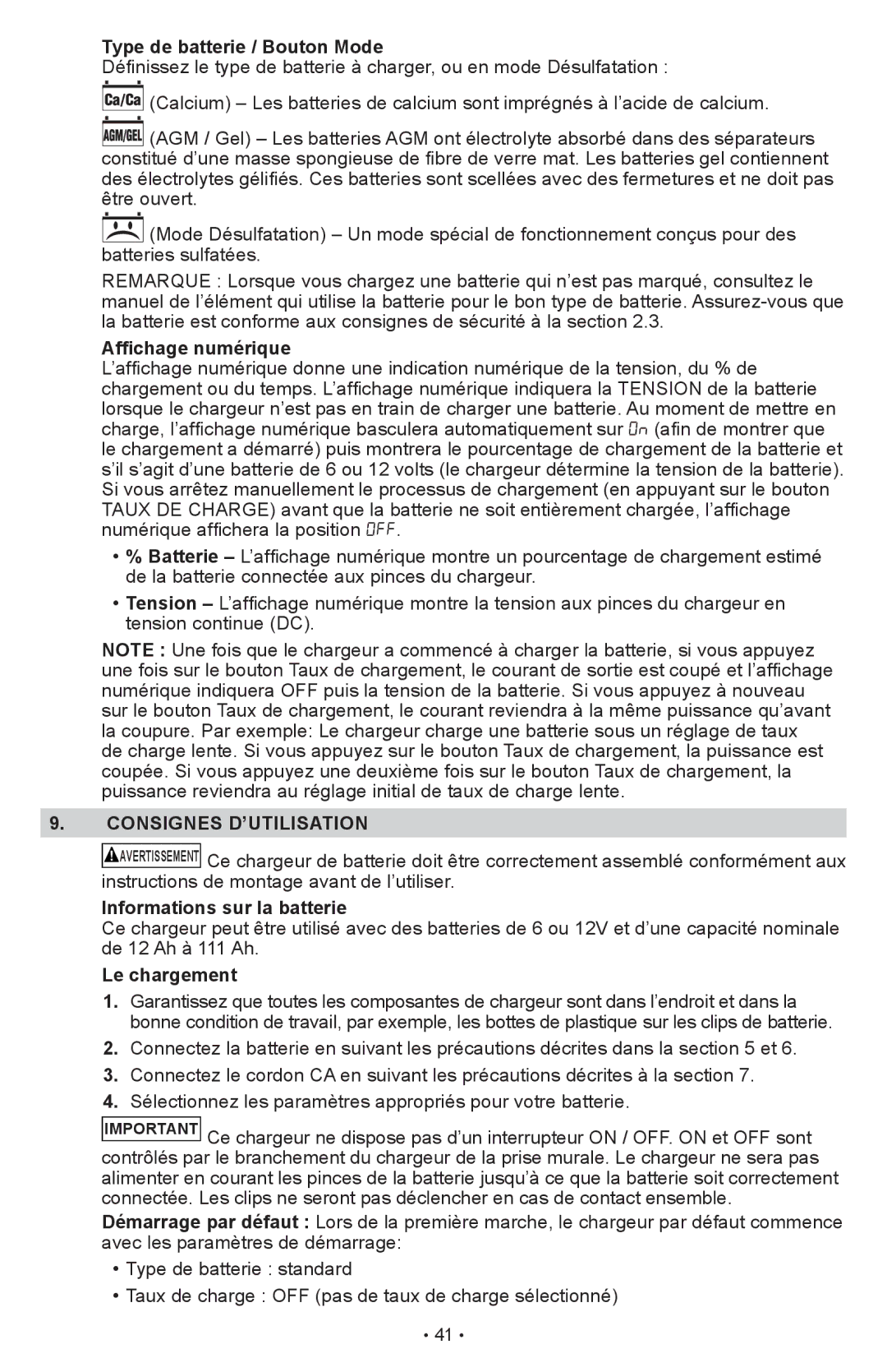 Schumacher SCI90 owner manual Type de batterie / Bouton Mode, Affichage numérique, Consignes D’UTILISATION, Le chargement 