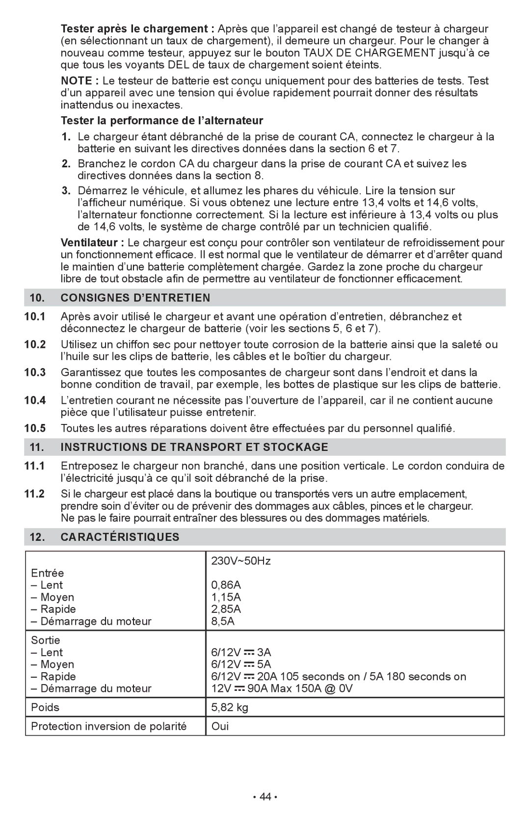 Schumacher SCI90 Tester la performance de l’alternateur, Consignes D’ENTRETIEN, Instructions DE Transport ET Stockage 