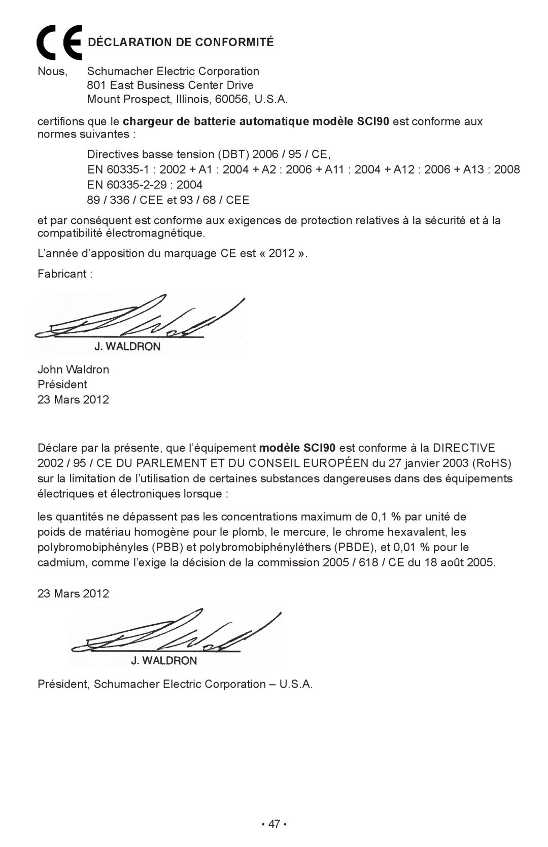 Schumacher SCI90 owner manual Déclaration DE Conformité 