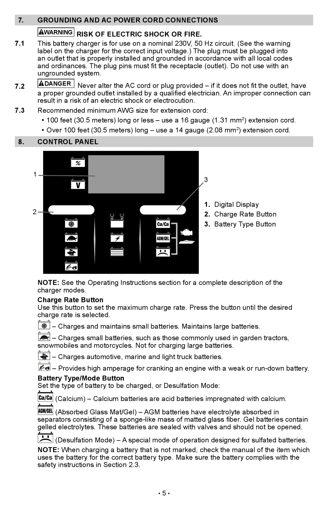 Schumacher SCI90 Grounding and AC Power Cord Connections, Control Panel, Charge Rate Button, Battery Type/Mode Button 