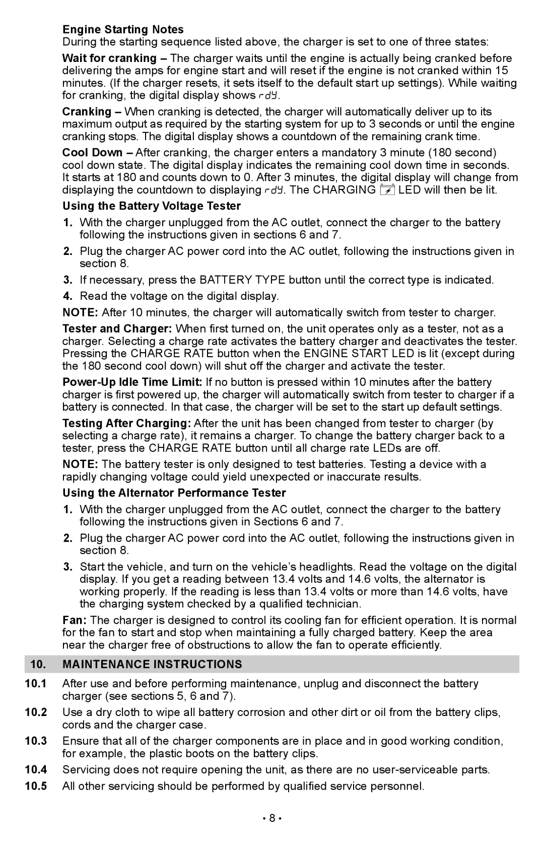 Schumacher SCI90 Engine Starting Notes, Using the Battery Voltage Tester, Using the Alternator Performance Tester 