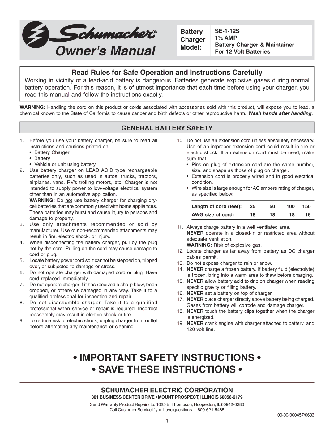 Schumacher SE-1-12S owner manual General Battery Safety, Schumacher Electric Corporation 