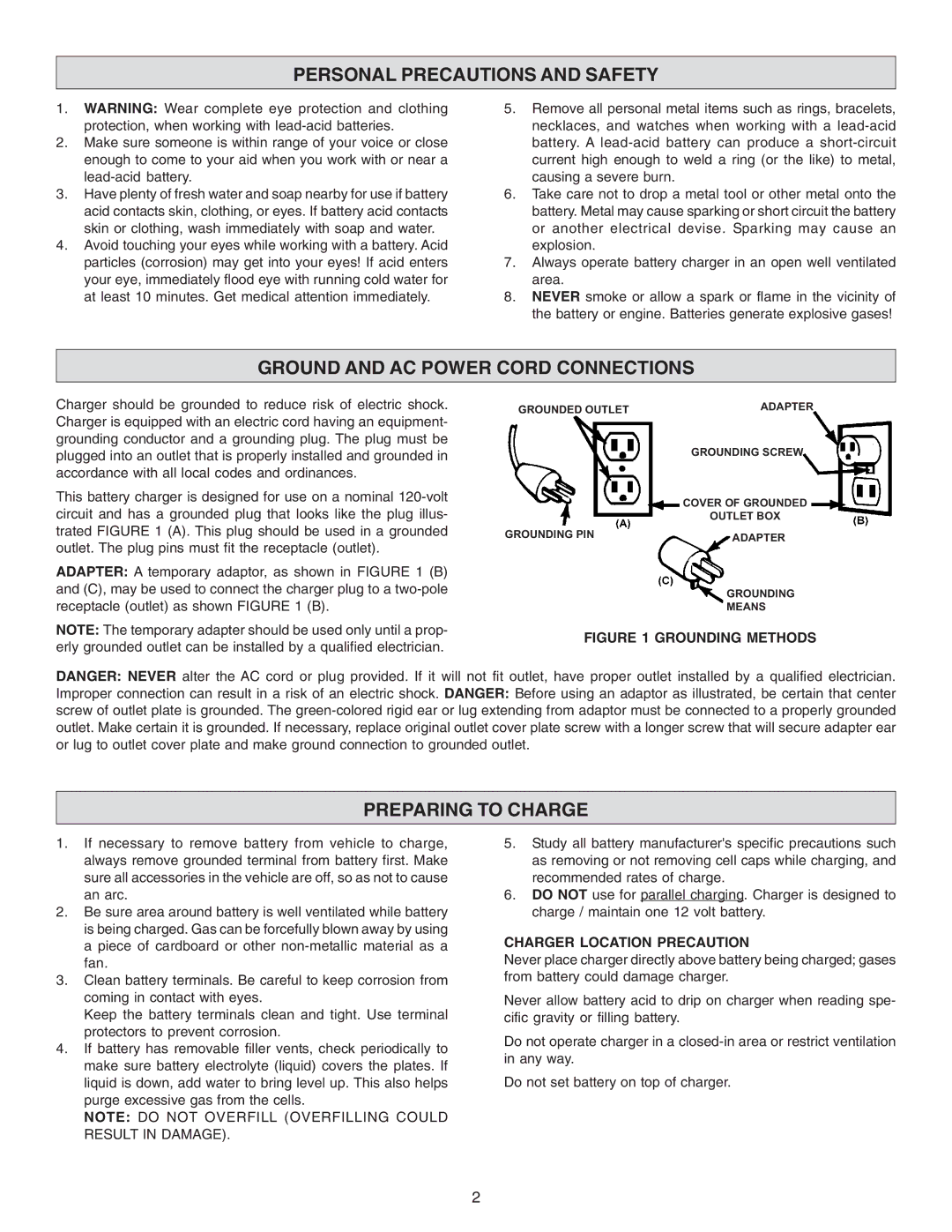 Schumacher SE-1-12S owner manual Personal Precautions and Safety, Ground and AC Power Cord Connections, Preparing to Charge 