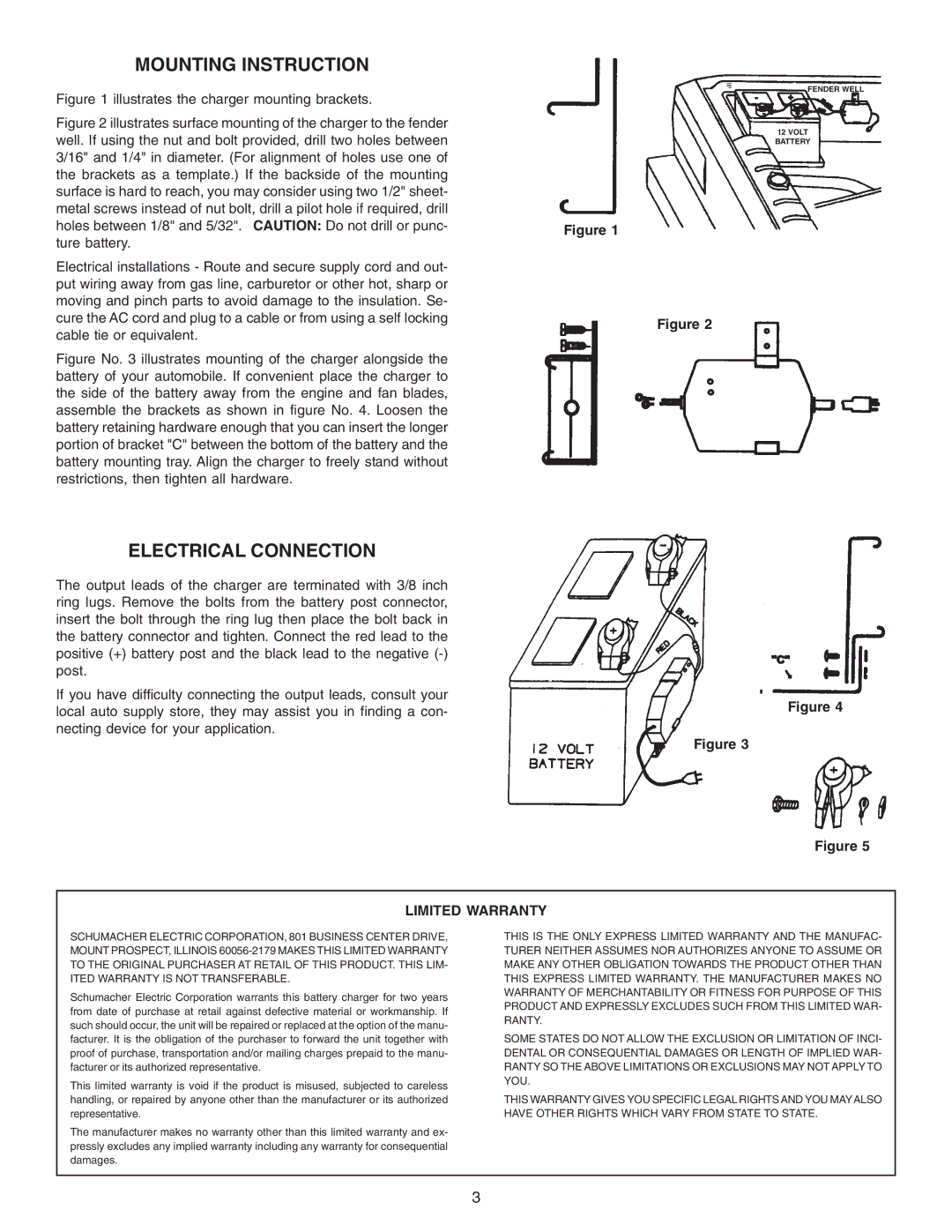 Schumacher SE-1-12S owner manual Mounting Instruction, Electrical Connection, Limited Warranty 