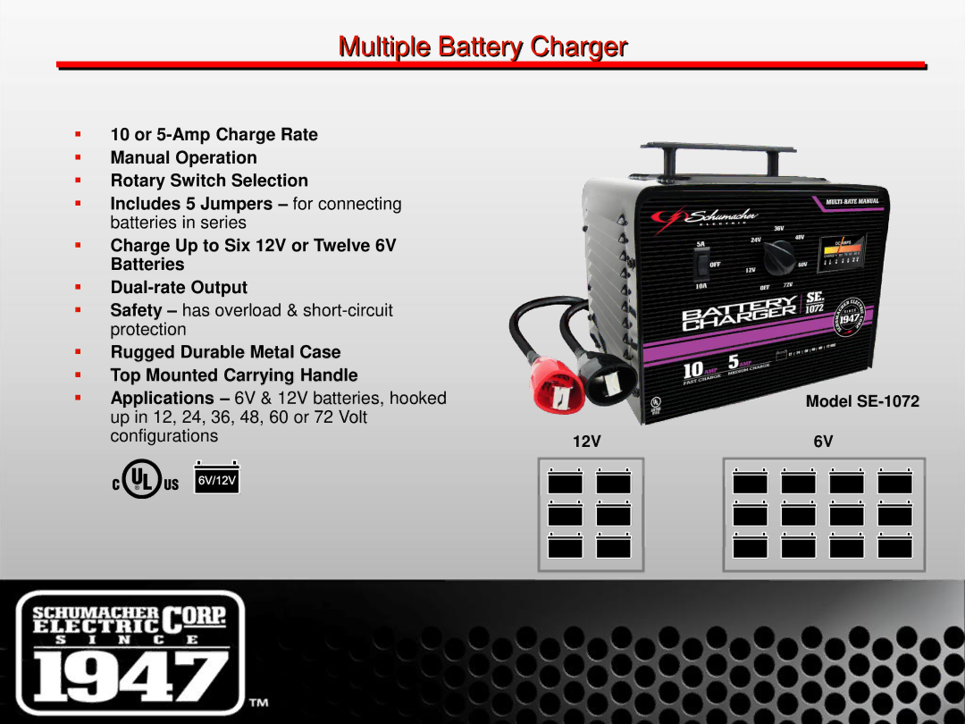 Schumacher manual Multiple Battery Charger, Model SE-1072, 12V 