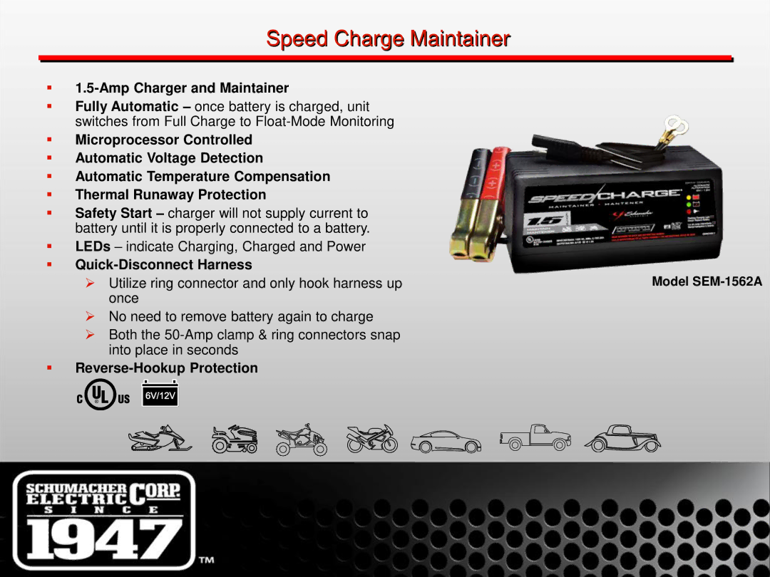 Schumacher SE-1 manual Speed Charge Maintainer, Model SEM-1562A 