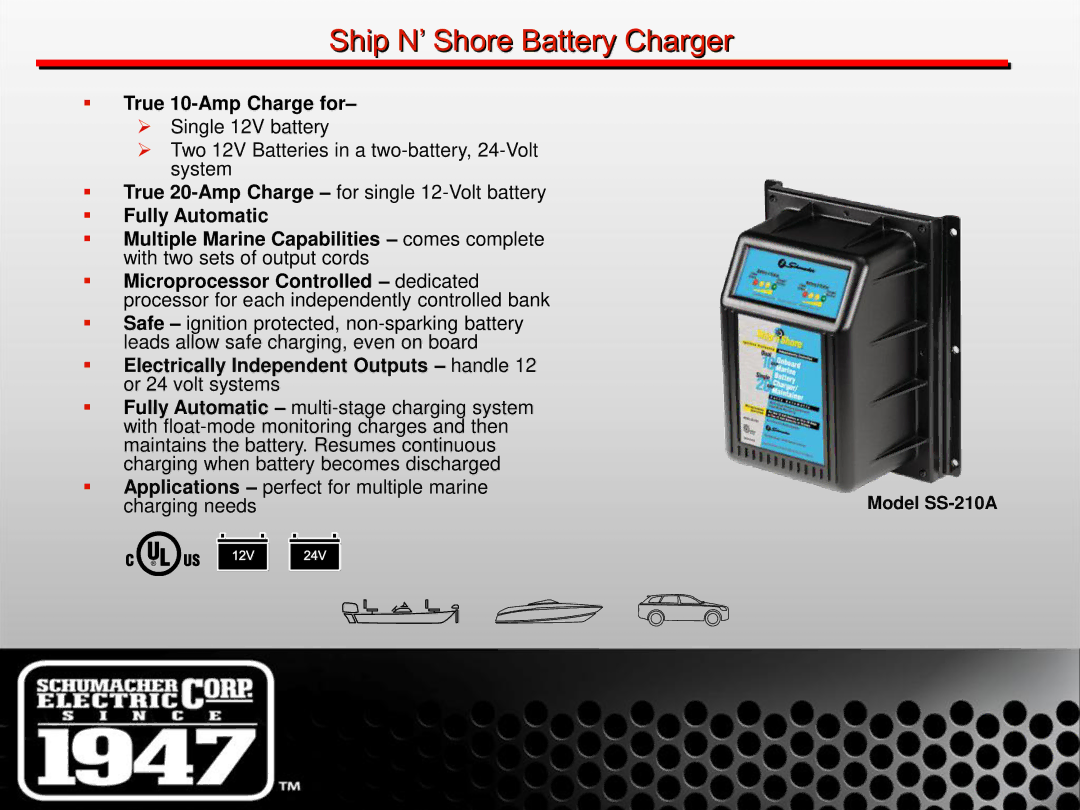 Schumacher SE-1 manual Ship N’ Shore Battery Charger, Model SS-210A 