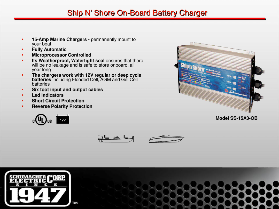 Schumacher SE-1 manual Ship N’ Shore On-Board Battery Charger 