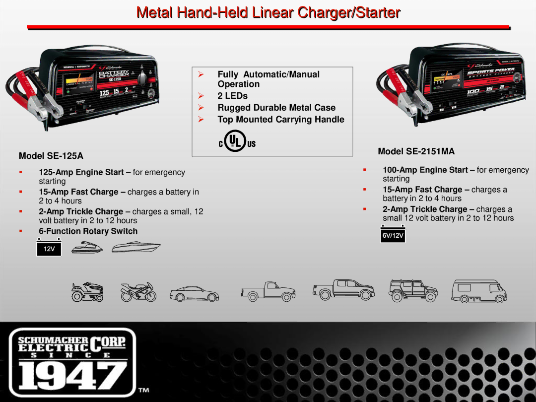 Schumacher SE-1 manual Metal Hand-Held Linear Charger/Starter 