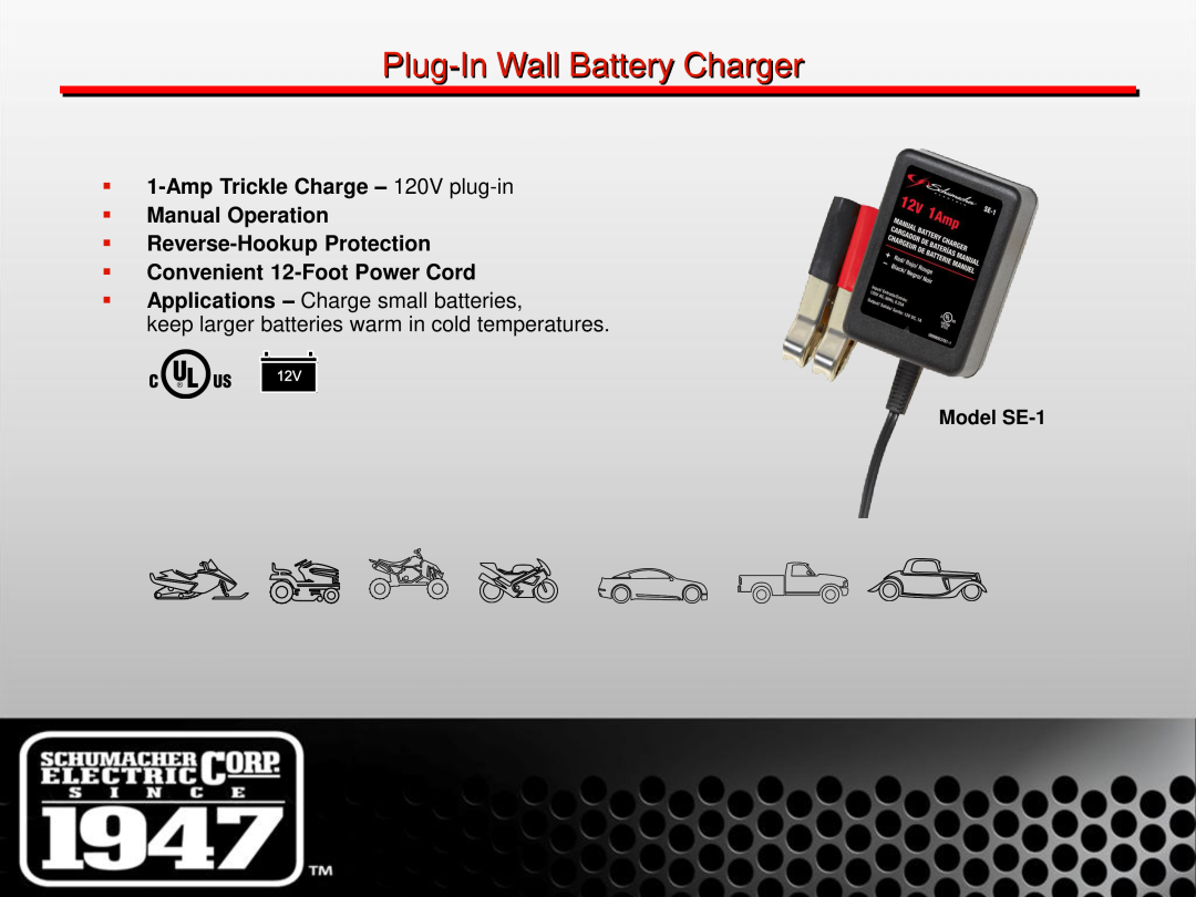 Schumacher manual Plug-In Wall Battery Charger,  1-Amp Trickle Charge - 120V plug-in  Manual Operation, Model SE-1 