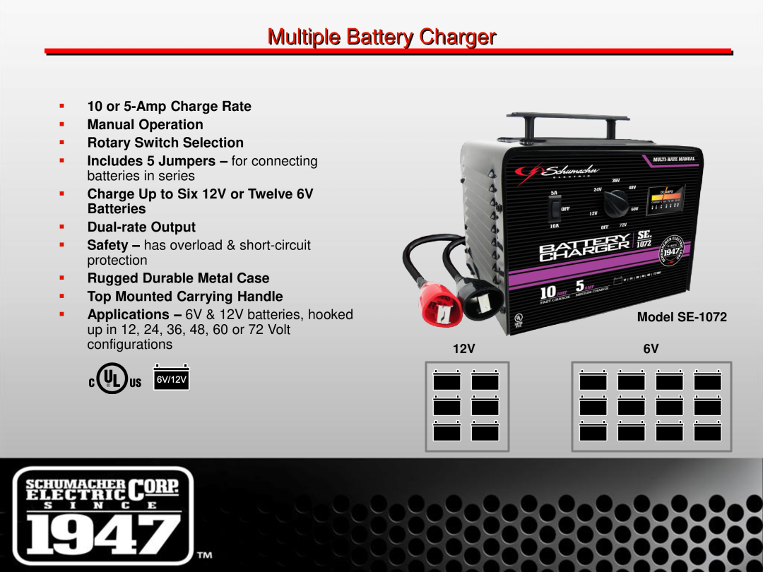 Schumacher SE-1 manual Multiple Battery Charger 