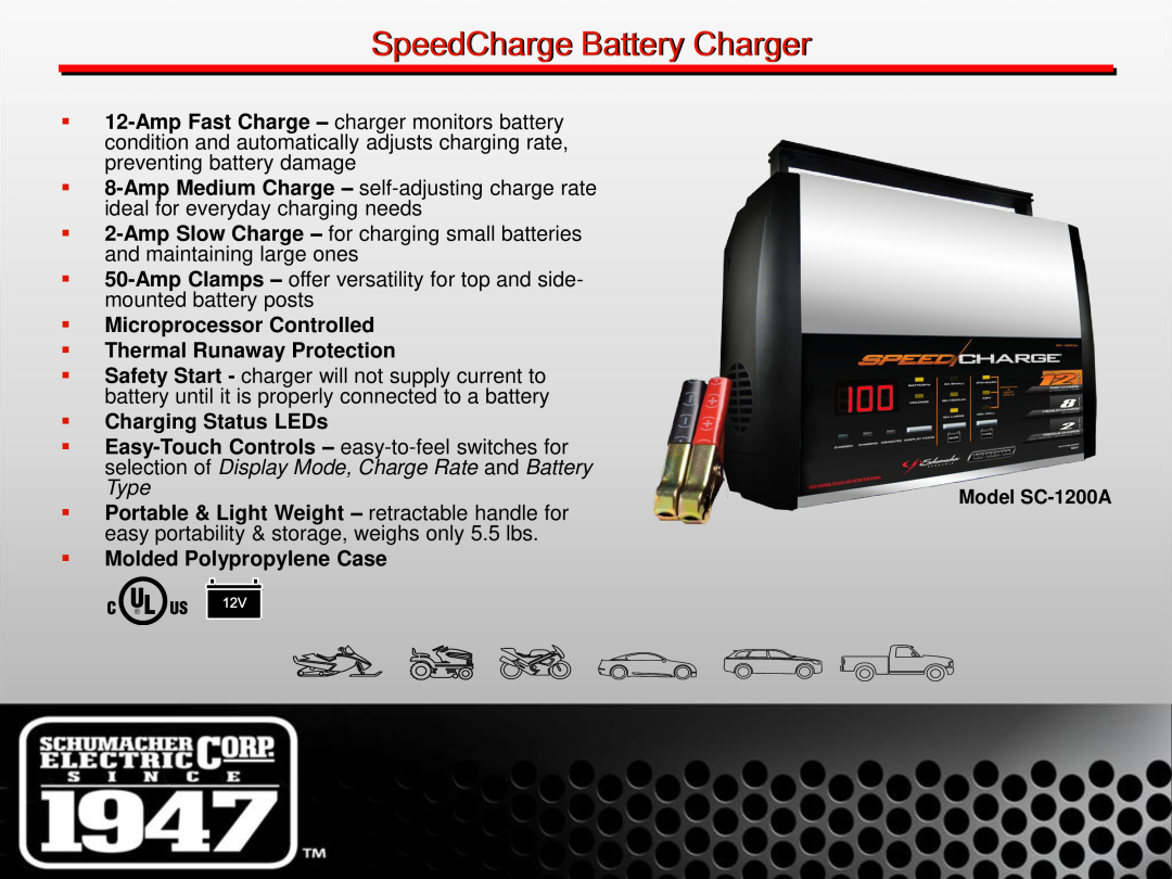 Schumacher SE-1 manual Type, easy portability & storage, weighs only 5.5 lbs, SpeedCharge Battery Charger 