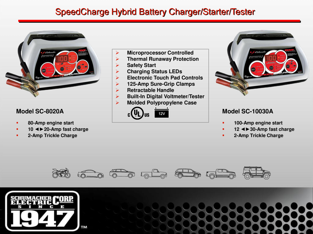 Schumacher SE-1 manual SpeedCharge Hybrid Battery Charger/Starter/Tester, Model SC-8020A, Model SC-10030A 