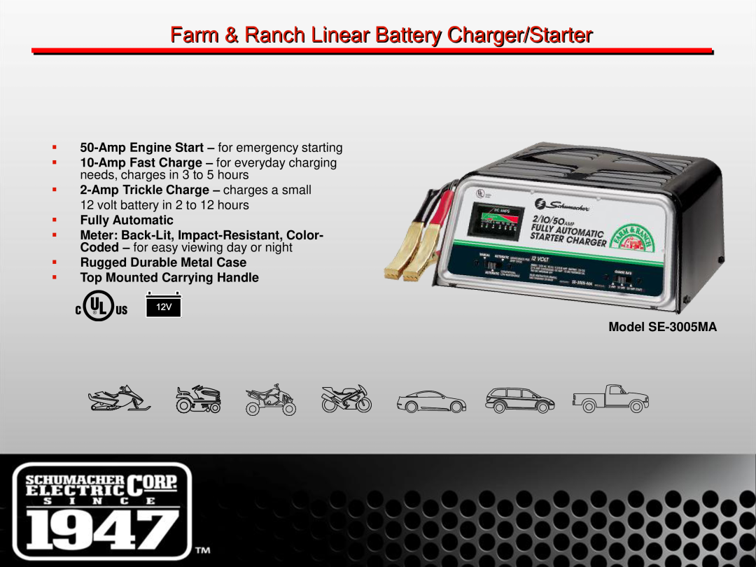 Schumacher SE-1 manual Farm & Ranch Linear Battery Charger/Starter,  50-Amp Engine Start - for emergency starting 