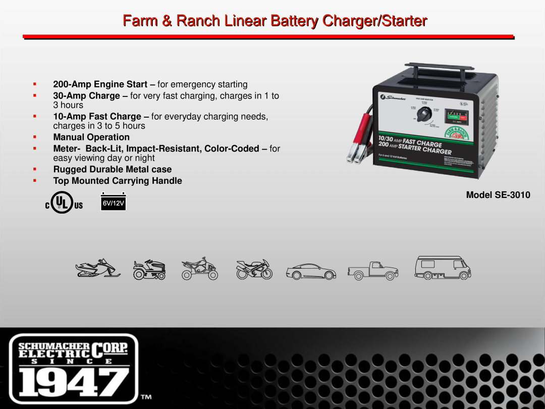 Schumacher SE-1 manual Farm & Ranch Linear Battery Charger/Starter,  200-Amp Engine Start - for emergency starting 