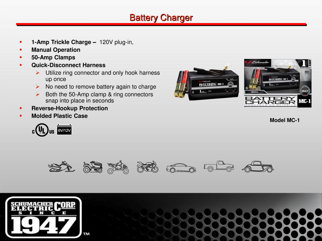 Schumacher SE-1 manual Battery Charger,  Utilize ring connector and only hook harness up once, Model MC-1 