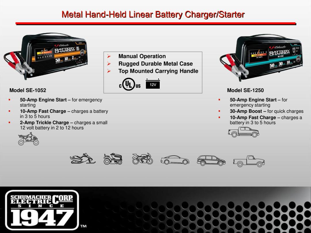 Schumacher manual Metal Hand-Held Linear Battery Charger/Starter, Model SE-1052, Model SE-1250 