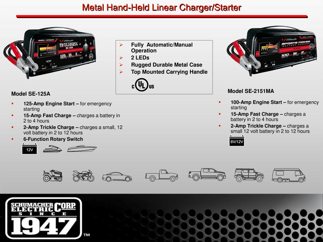 Schumacher manual Metal Hand-Held Linear Charger/Starter, Model SE-125A,  Fully Automatic/Manual Operation  2 LEDs 