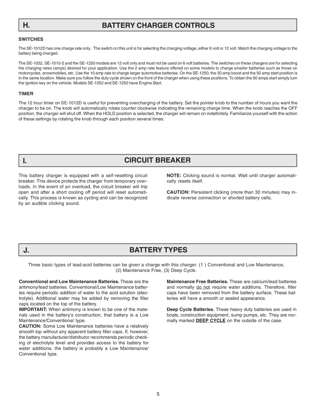 Schumacher SE-1010-2, SE-1012D, SE-1052, SE-1250 Battery Charger Controls, Circuit Breaker, Battery Types, Switches, Timer 