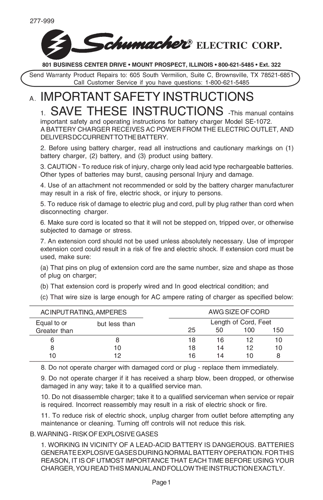 Schumacher SE-1072 important safety instructions Electric Corp, ACINPUTRATING,AMPERES AWG Size of Cord 