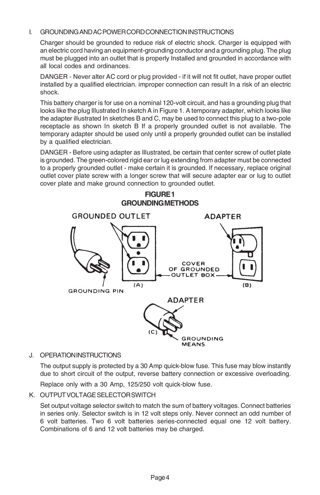 Schumacher SE-1072 Groundingandacpowercordconnectioninstructions, Operationinstructions, Outputvoltageselectorswitch 