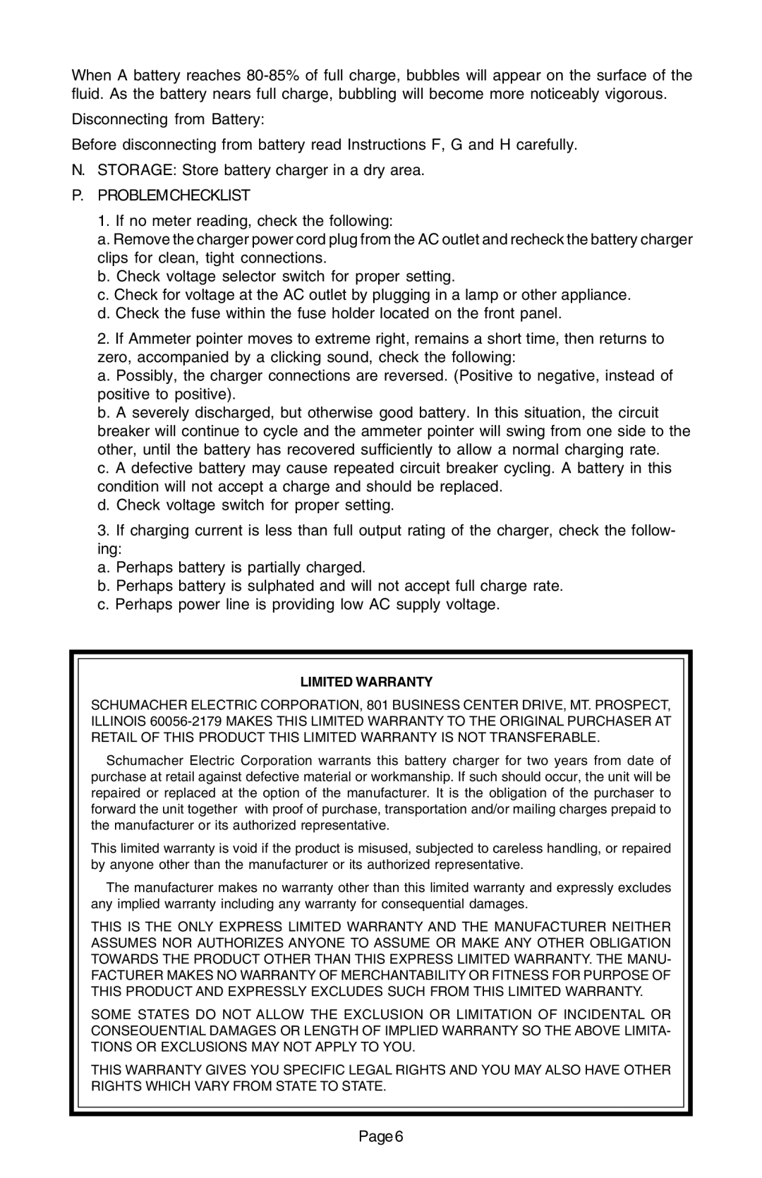 Schumacher SE-1072 important safety instructions Problemchecklist, Limited Warranty 