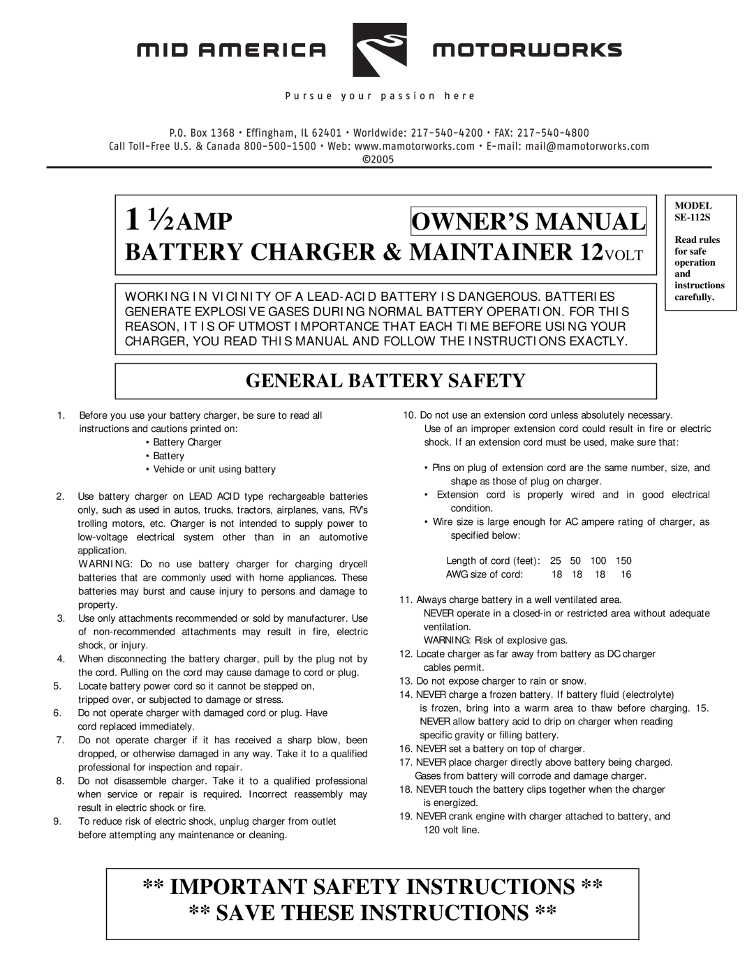 Schumacher SE-112S important safety instructions ½AMP 