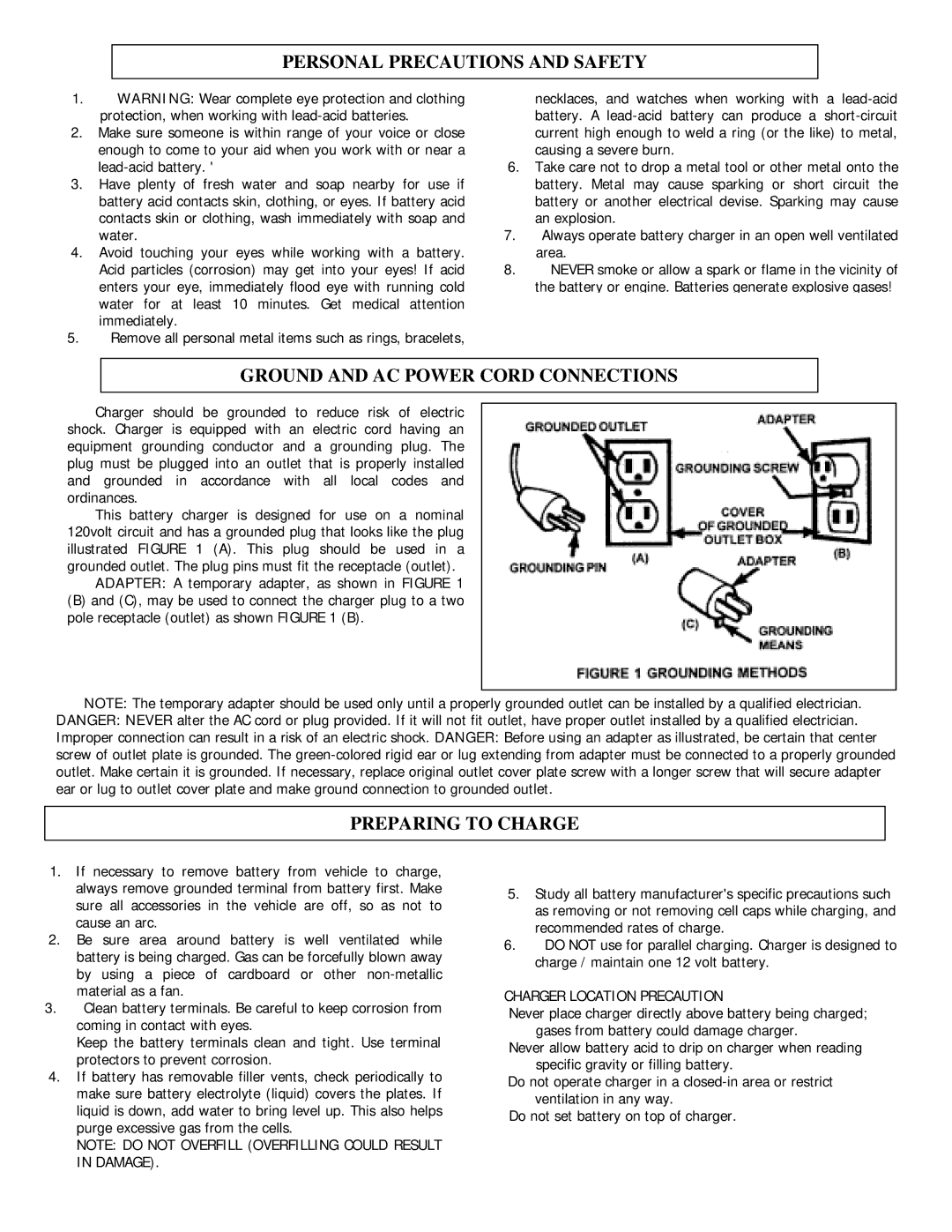 Schumacher SE-112S Personal Precautions and Safety, Ground and AC Power Cord Connections, Preparing to Charge 