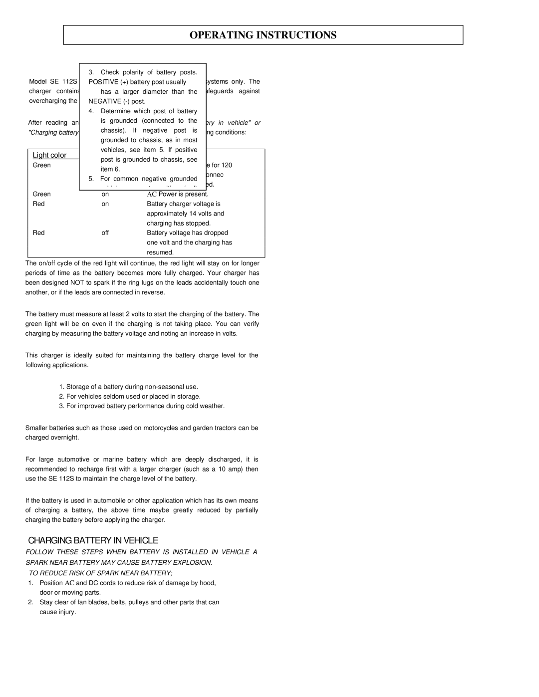 Schumacher SE-112S important safety instructions Operating Instructions, Light color On/off Condition 