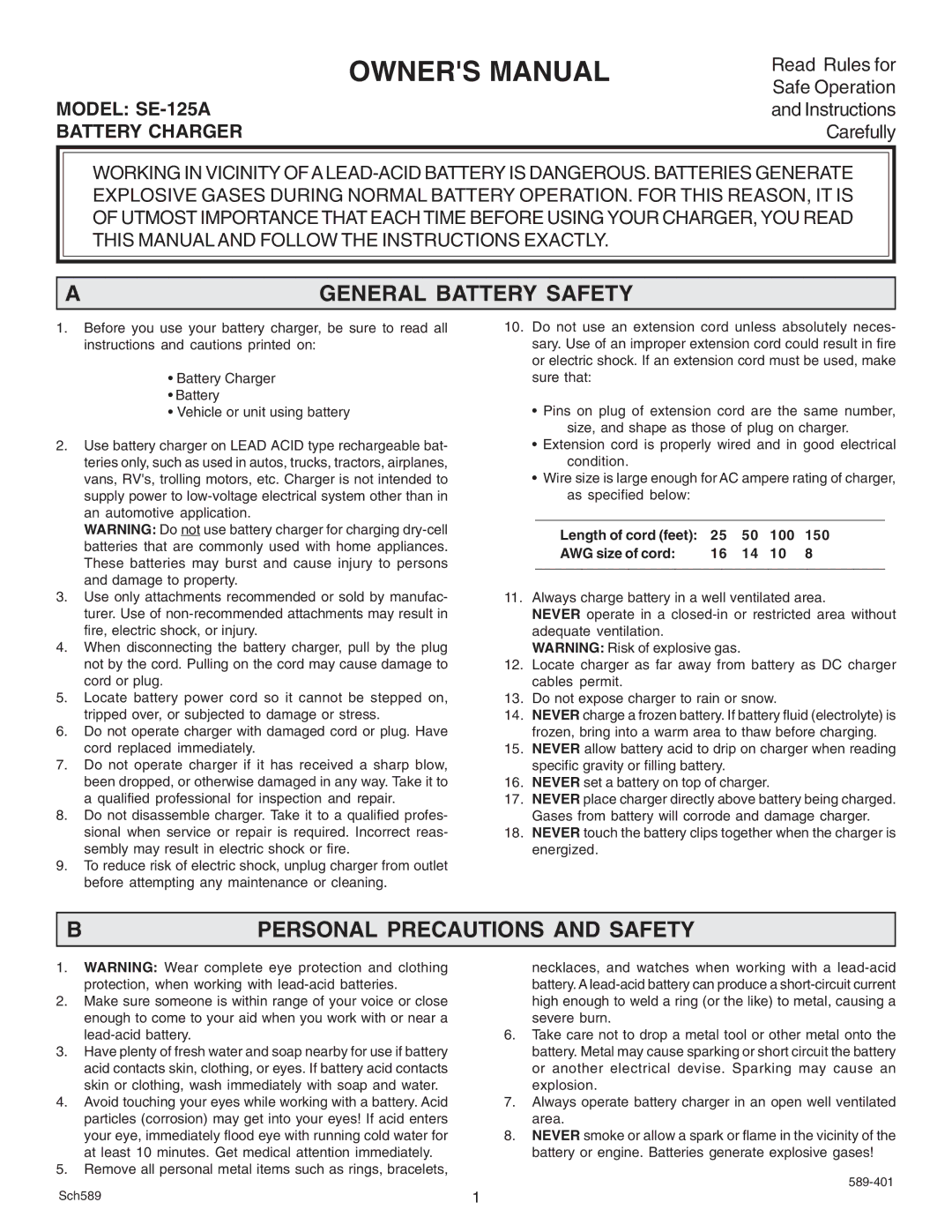 Schumacher owner manual General Battery Safety, Personal Precautions and Safety, Model SE-125A Battery Charger 