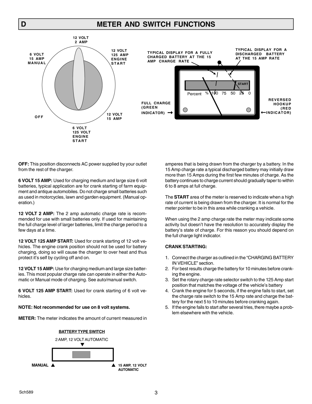 Schumacher SE-125A owner manual Meter and Switch Functions, Crank Starting, Battery Type Switch, Manual 