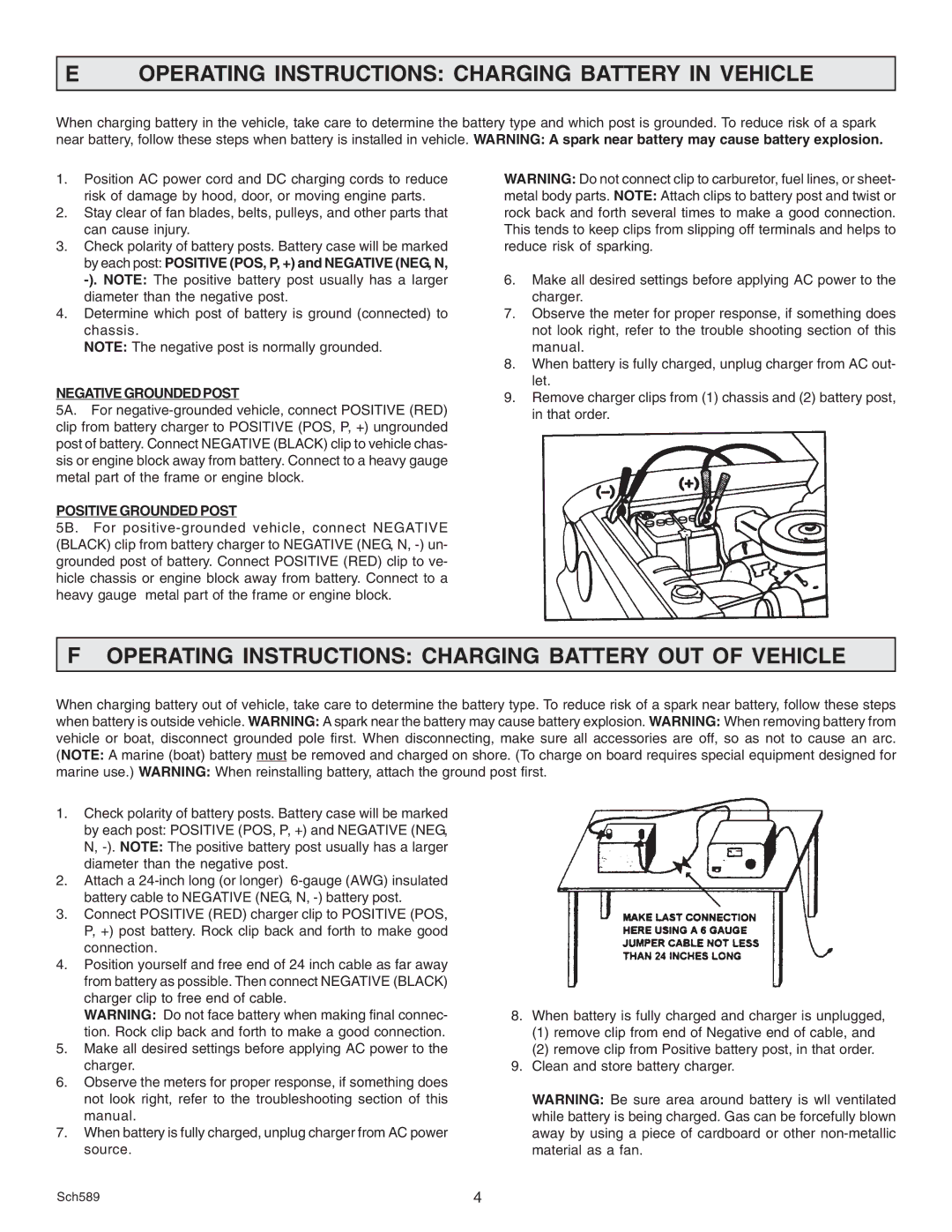 Schumacher SE-125A Operating Instructions Charging Battery in Vehicle, Negative Grounded Post, Positive Grounded Post 