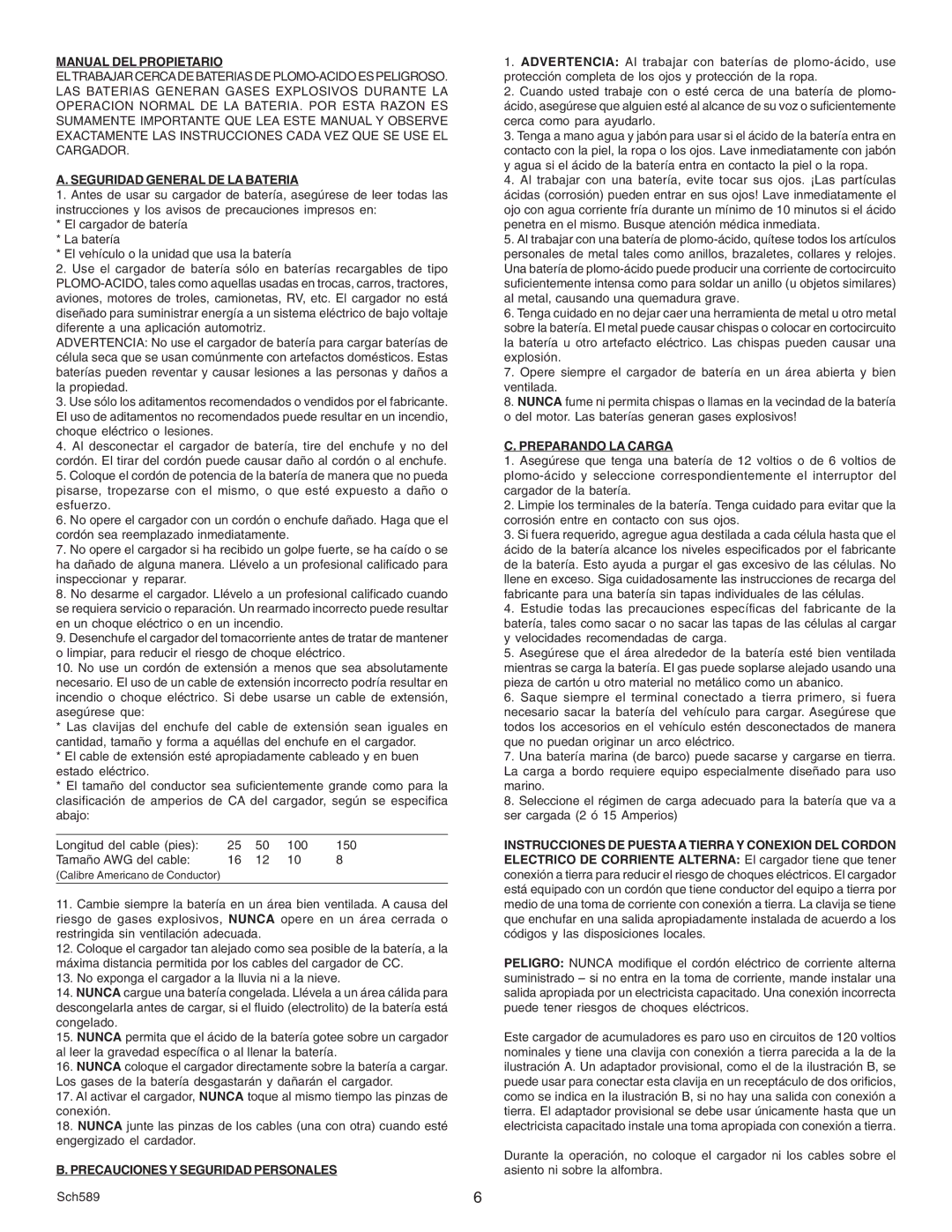 Schumacher SE-125A Manual DEL Propietario, Seguridad General DE LA Bateria, Precauciones Y Seguridad Personales 