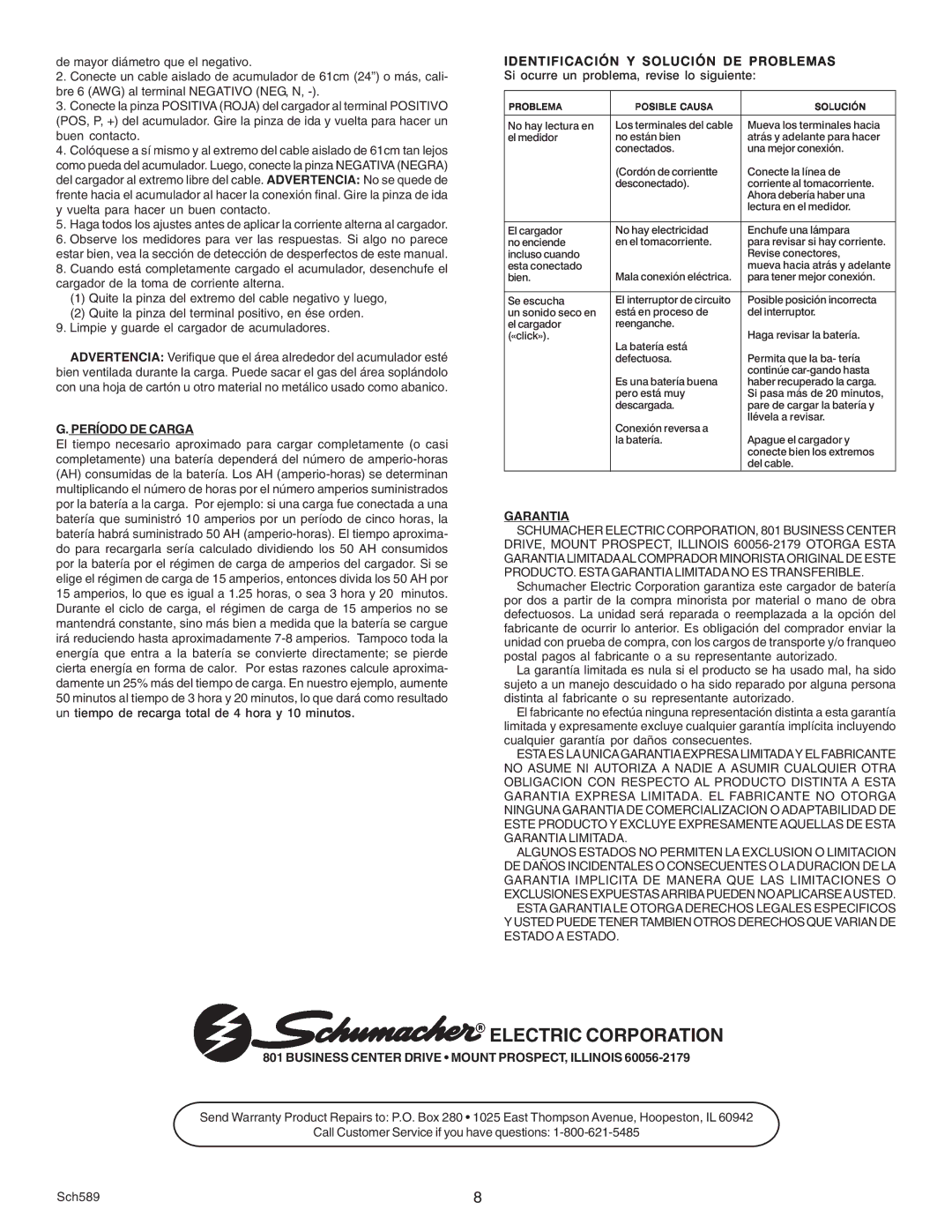 Schumacher SE-125A owner manual Electric Corporation, Período DE Carga, Identificación Y Solución DE Problemas, Garantia 