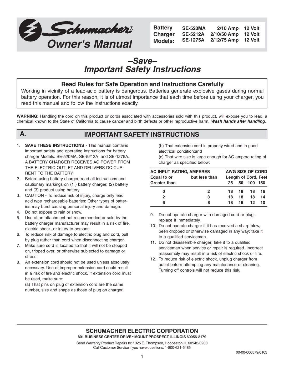 Schumacher SE-520MA important safety instructions Important Safety Instructions, AC Input RATING, Amperes AWG Size of Cord 