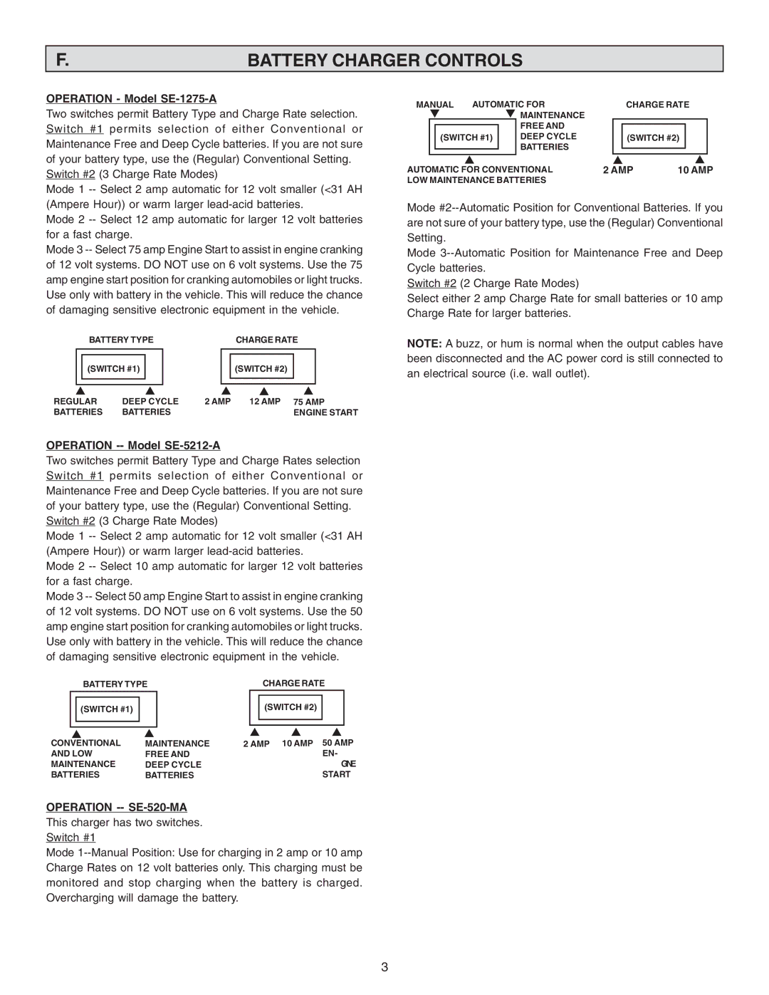 Schumacher SE-1275A, SE-520MA, SE-5212A Battery Charger Controls, Operation Model SE-1275-A, Operation -- Model SE-5212-A 