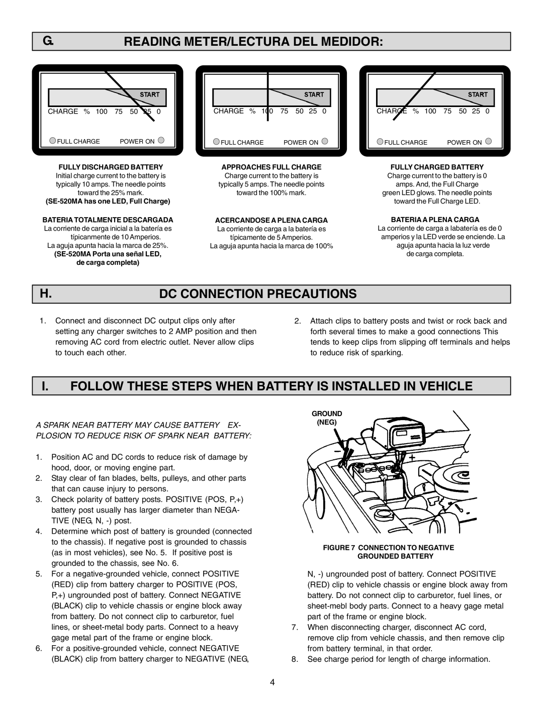 Schumacher SE-520MA Reading METER/LECTURA DEL Medidor, DC Connection Precautions, Bateria a Plena Carga, Ground NEG 