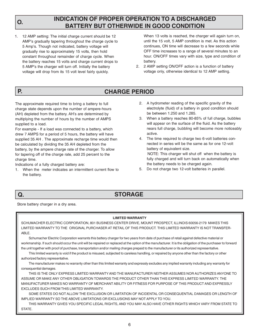 Schumacher SE-1275A, SE-520MA, SE-5212A important safety instructions Charge Period, Storage, Limited Warranty 