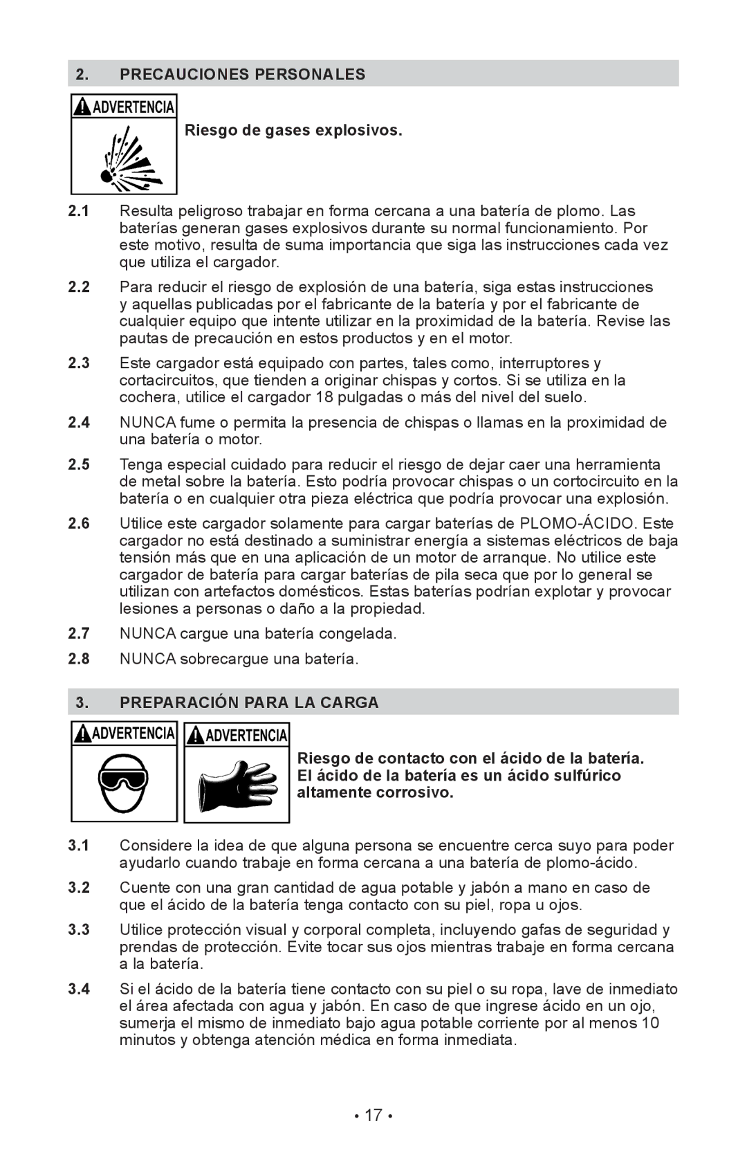 Schumacher SE-1510MA, SE-1052, SE-5212MA Precauciones Personales Riesgo de gases explosivos, Preparación Para LA Carga 