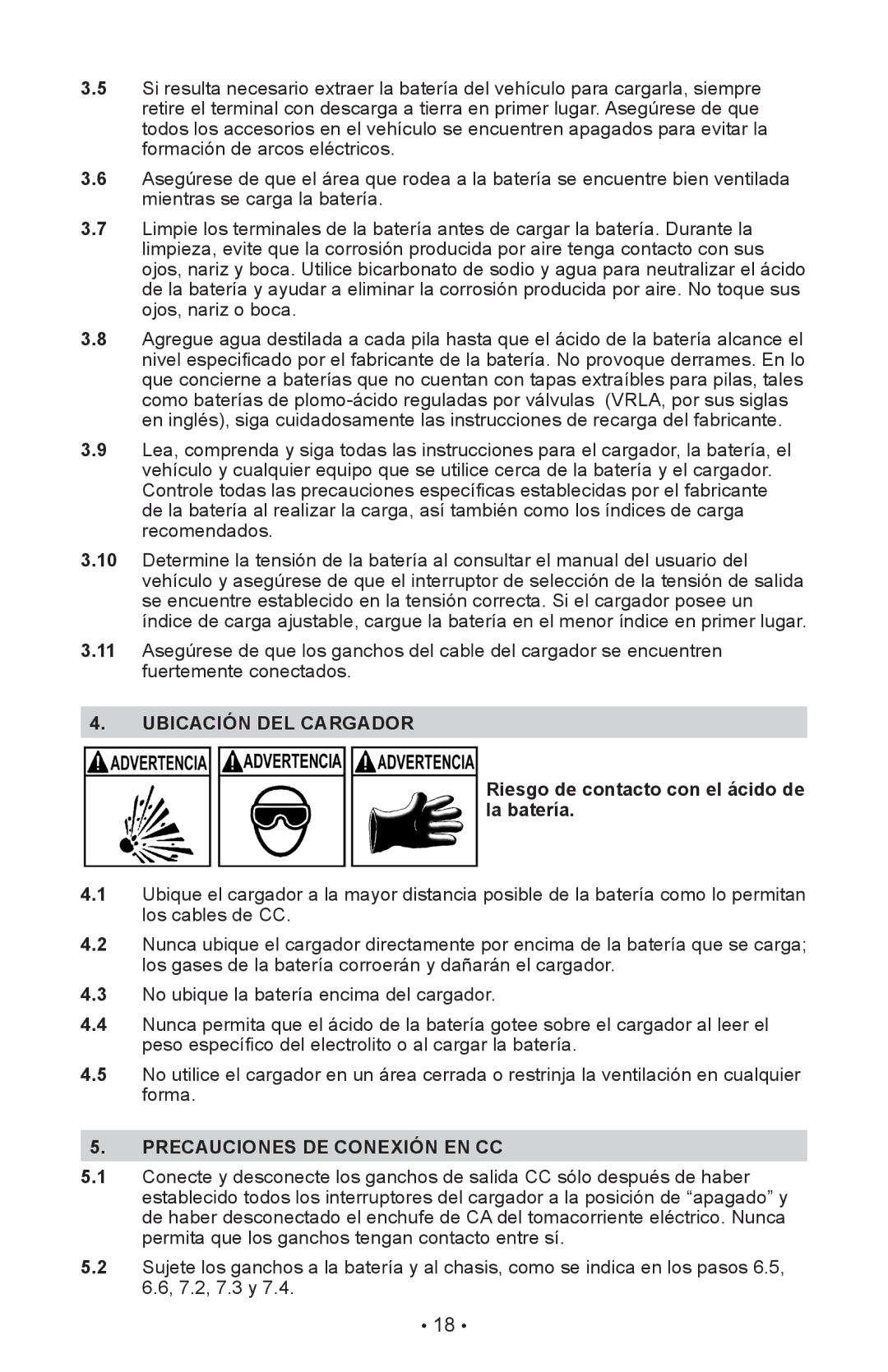 Schumacher SE-1052 Ubicación DEL Cargador, Riesgo de contacto con el ácido de la batería, Precauciones DE Conexión EN CC 