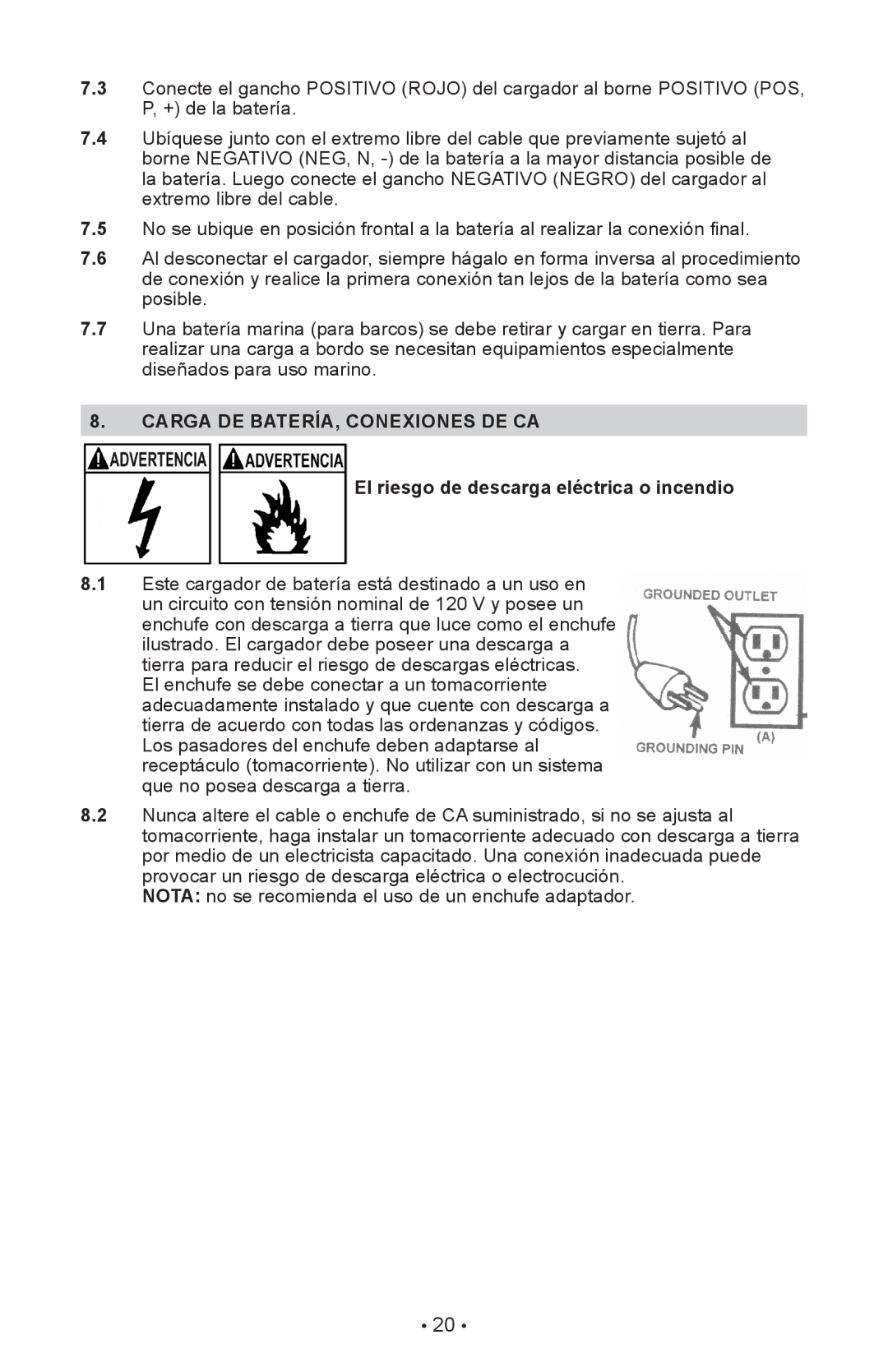 Schumacher SE-1510MA, SE-1052, SE-5212MA Carga DE BATERÍA, Conexiones DE CA, El riesgo de descarga eléctrica o incendio 