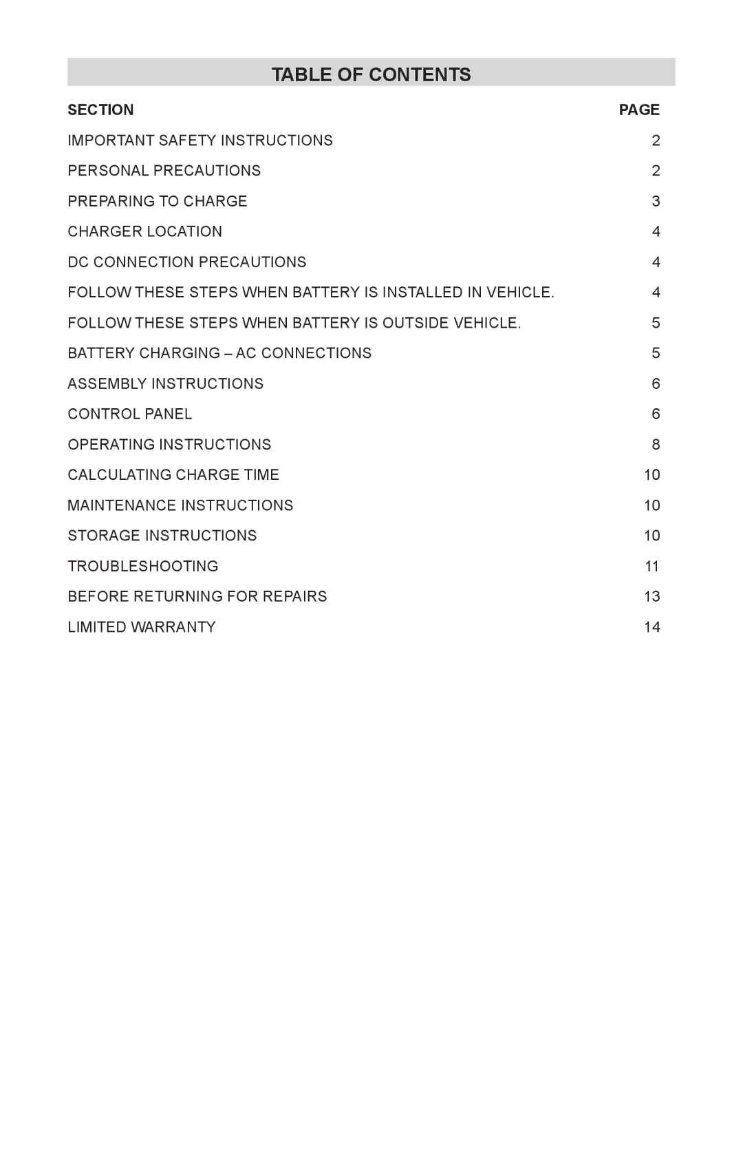 Schumacher SE-1510MA, SE-1052, SE-5212MA owner manual Table of Contents 