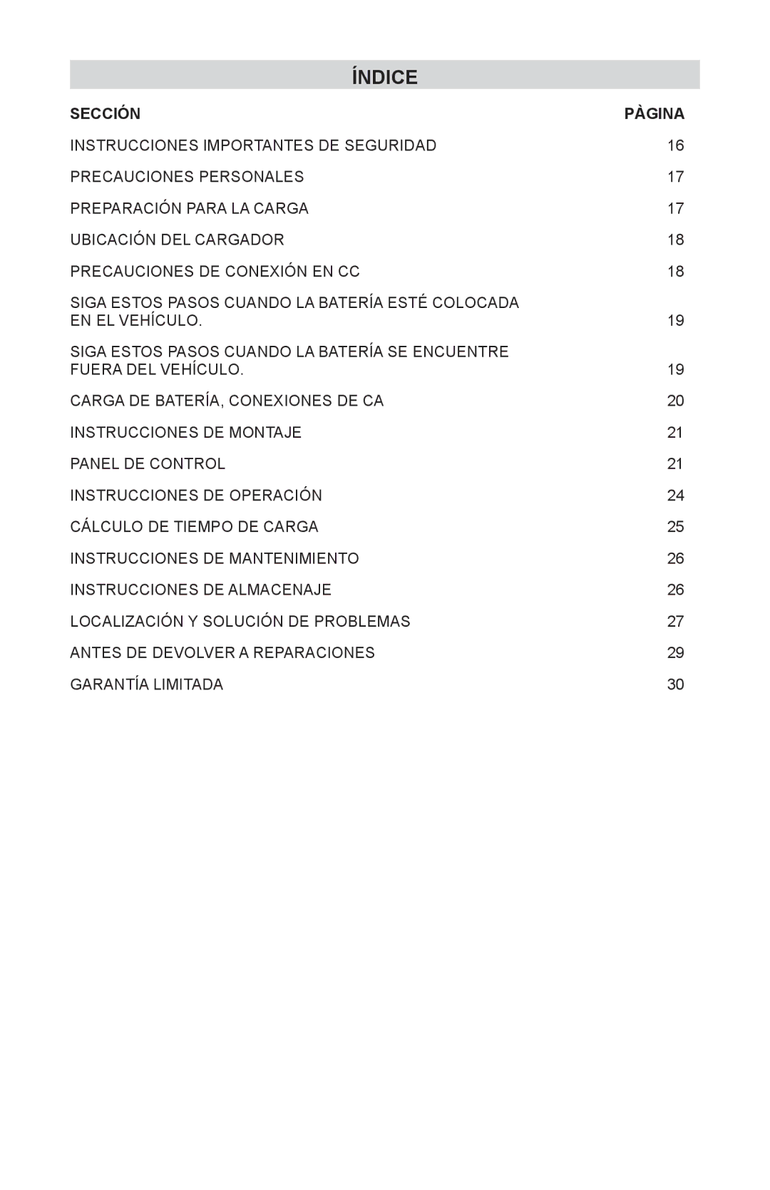 Schumacher SE-1052, SE-1510MA, SE-5212MA owner manual Índice, Sección Pàgina 