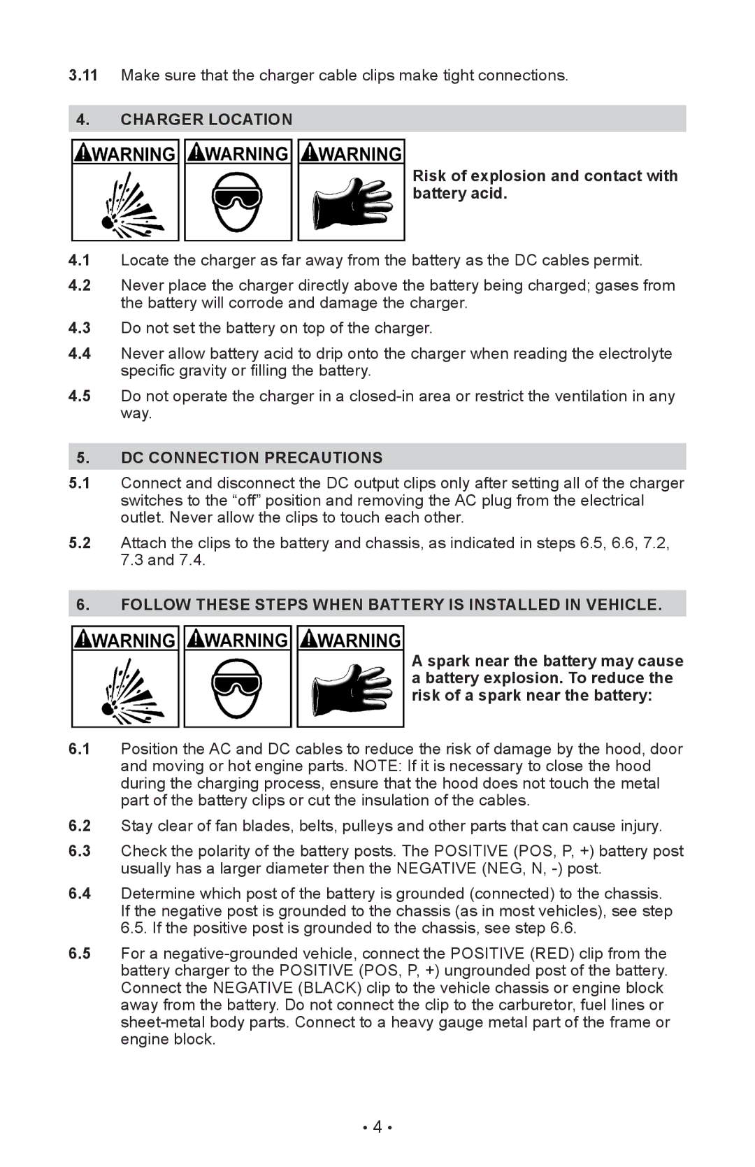 Schumacher SE-5212MA, SE-1052 Charger Location, Risk of explosion and contact with battery acid, DC Connection Precautions 