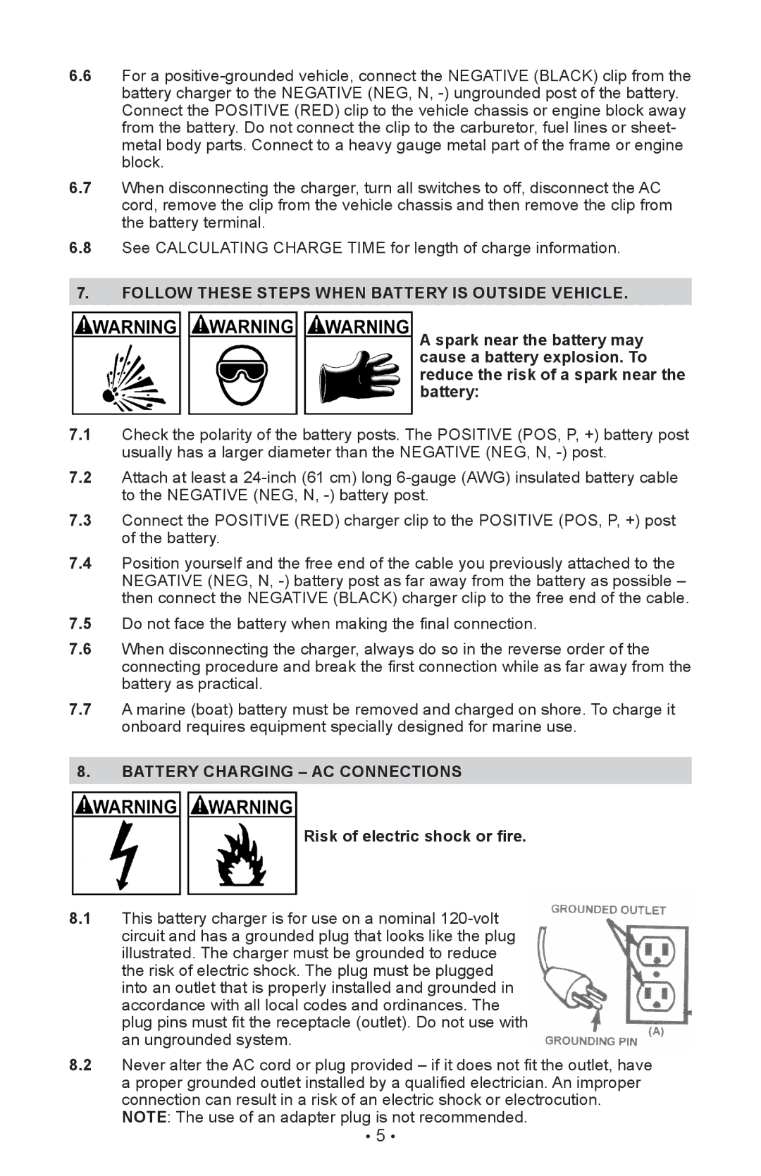 Schumacher SE-1510MA, SE-1052 Follow These Steps When Battery is Outside Vehicle, Battery Charging AC Connections 