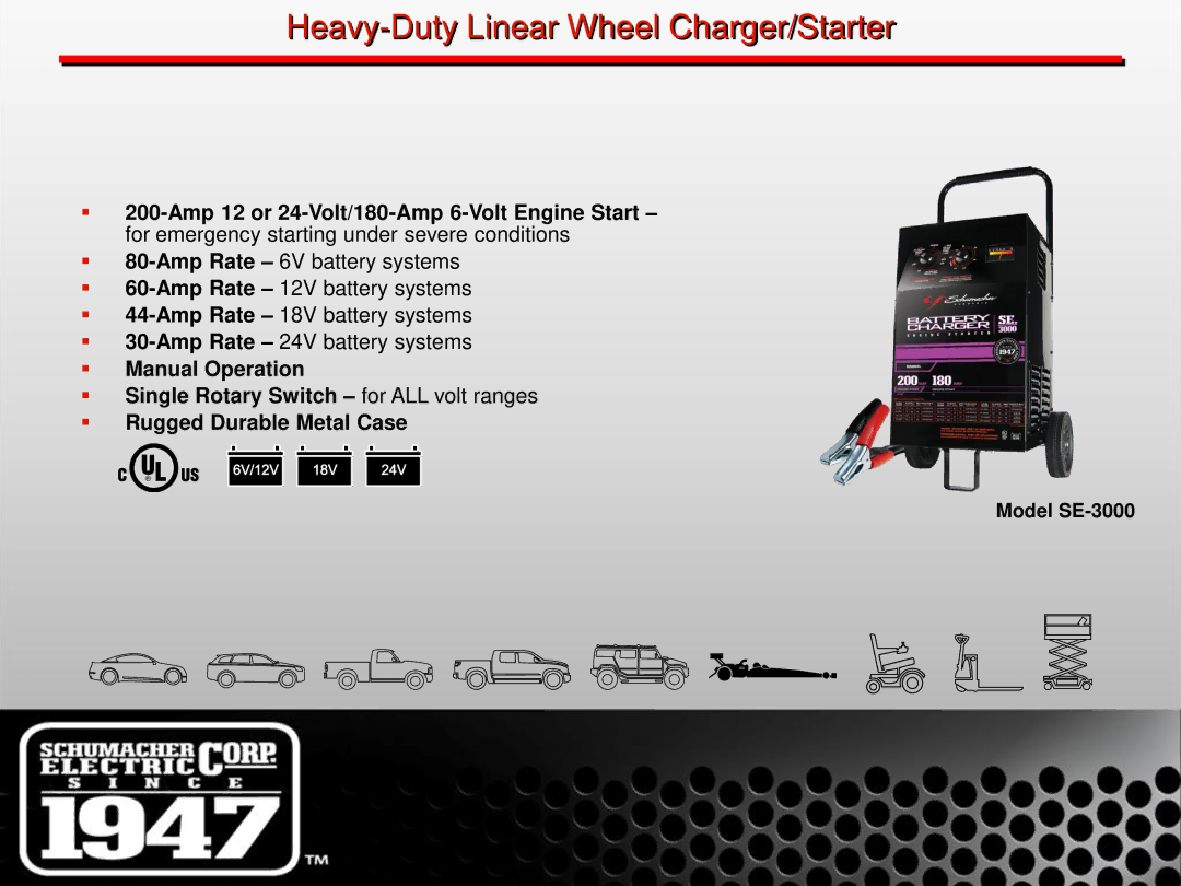 Schumacher SE-1555A manual Heavy-Duty Linear Wheel Charger/Starter, Model SE-3000 